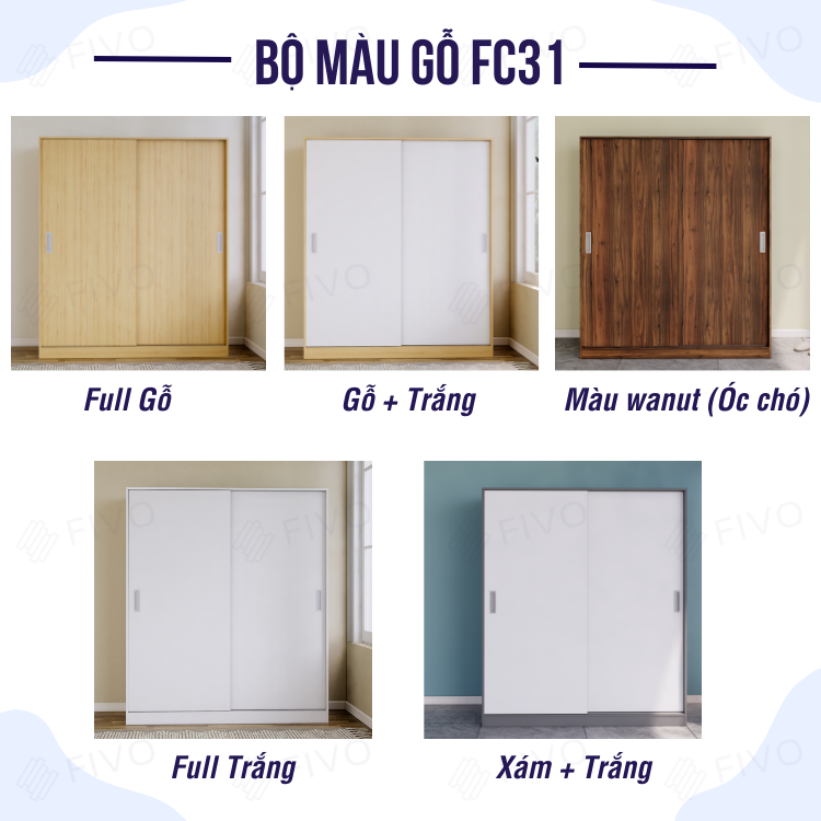 Tủ Áo Quần Cửa Trượt Màu Xám Sang Trọng FIVO FC31, Gỗ Chống Ẩm Cao Cấp Dày Dặn, Sức Chứa Bên Trong Lớn