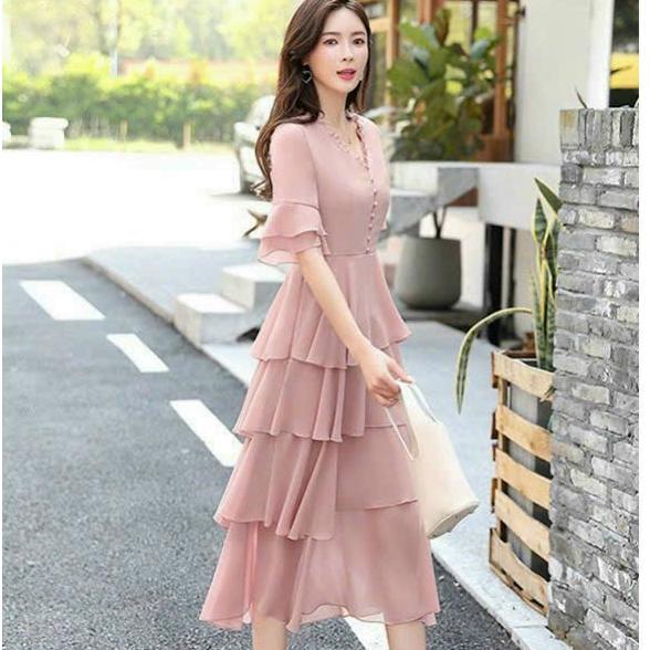 Đầm váy voan trung niên dự tiệc dạo phố 4 tầng đơn giản xanh hồng sang trọng