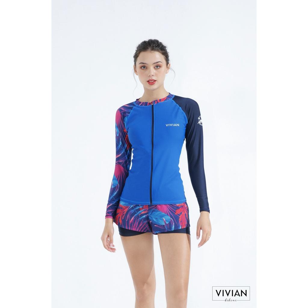 Áo bơi NỮ lẻ VIVIAN BIKINI kiểu tay dài có khóa, tay phối lệch màu - Xanh navy - VS159_NV