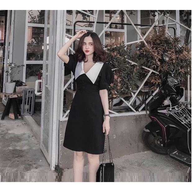 Đầm xòe công sở đen phối cổ sen NT8270