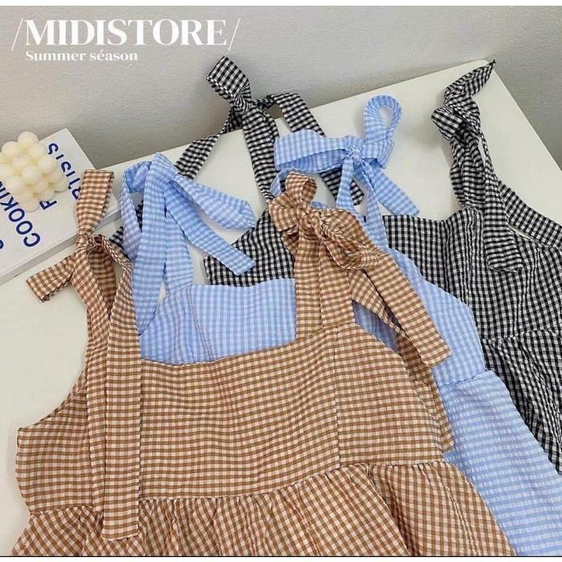 Set Áo Babydoll 2 Dây Kẻ Caro Xanh Xốp Kèm Quần Short Trắng Siêu Xinh. MET SHOP