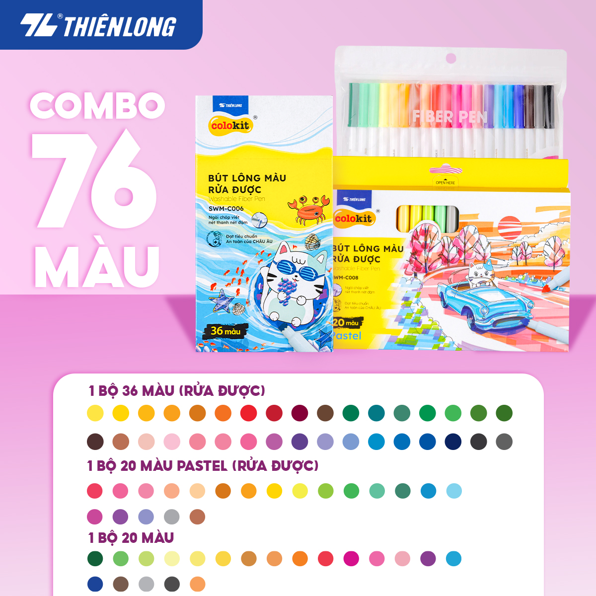 Combo Bút Lông Màu Fiber Pen Thiên Long Colokit 405676 Màu Rửa Được An Toàn Sử Dụng Tô Màu, Vẽ Tranh, Calligraphy - 76 Màu
