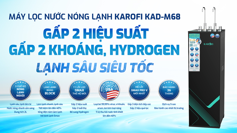 Máy lọc nước nóng lạnh RO Mỹ 11 lõi Karofi KAD-M68 - Giao trước lắp sau miễn phí toàn quốc - Bảo hành 36 tháng - Hàng chính hãng