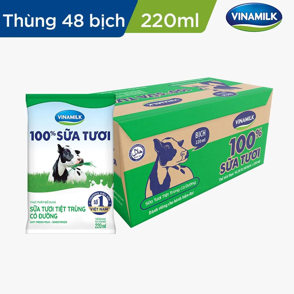 Thùng Sữa tươi tiệt trùng có đường Vinamilk 100% Sữa tươi - 220ml x 48 Bịch