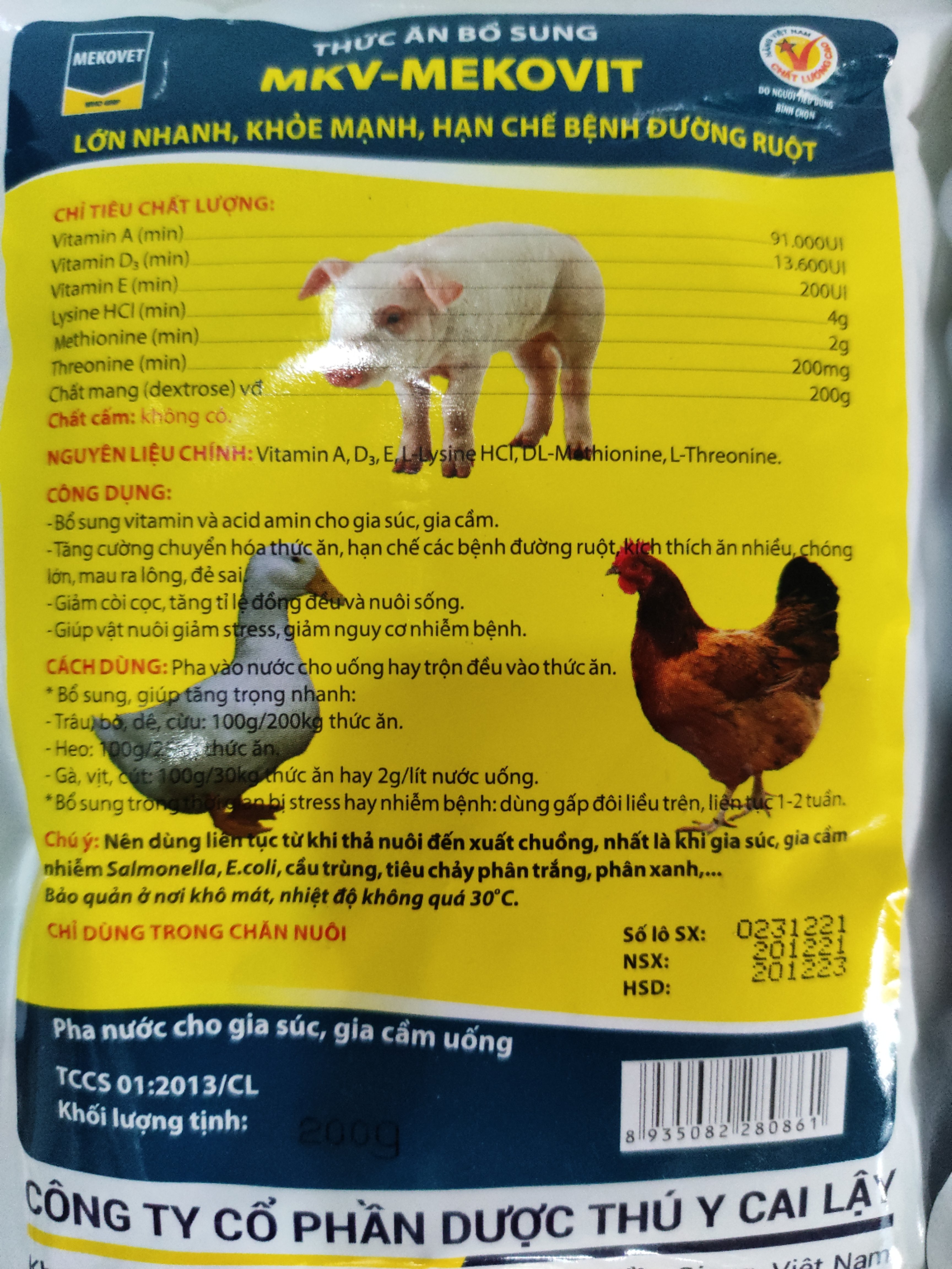 Thức ăn bổ sung MKV Mekovit Bổ sung vitamin và acid amin cho gia sú gia cầm, Giảm còi cọc, giảm stress