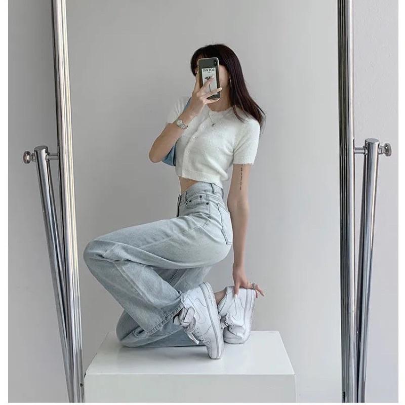 Quần Jean Nữ Cạp 3 Cúc Màu Xanh Bạc Lưng Cao Ống Suông Dài Phom Rộng Phong Cách Hàn Quốc Chất Vải Co Dãn Cao Cấp Loại 1