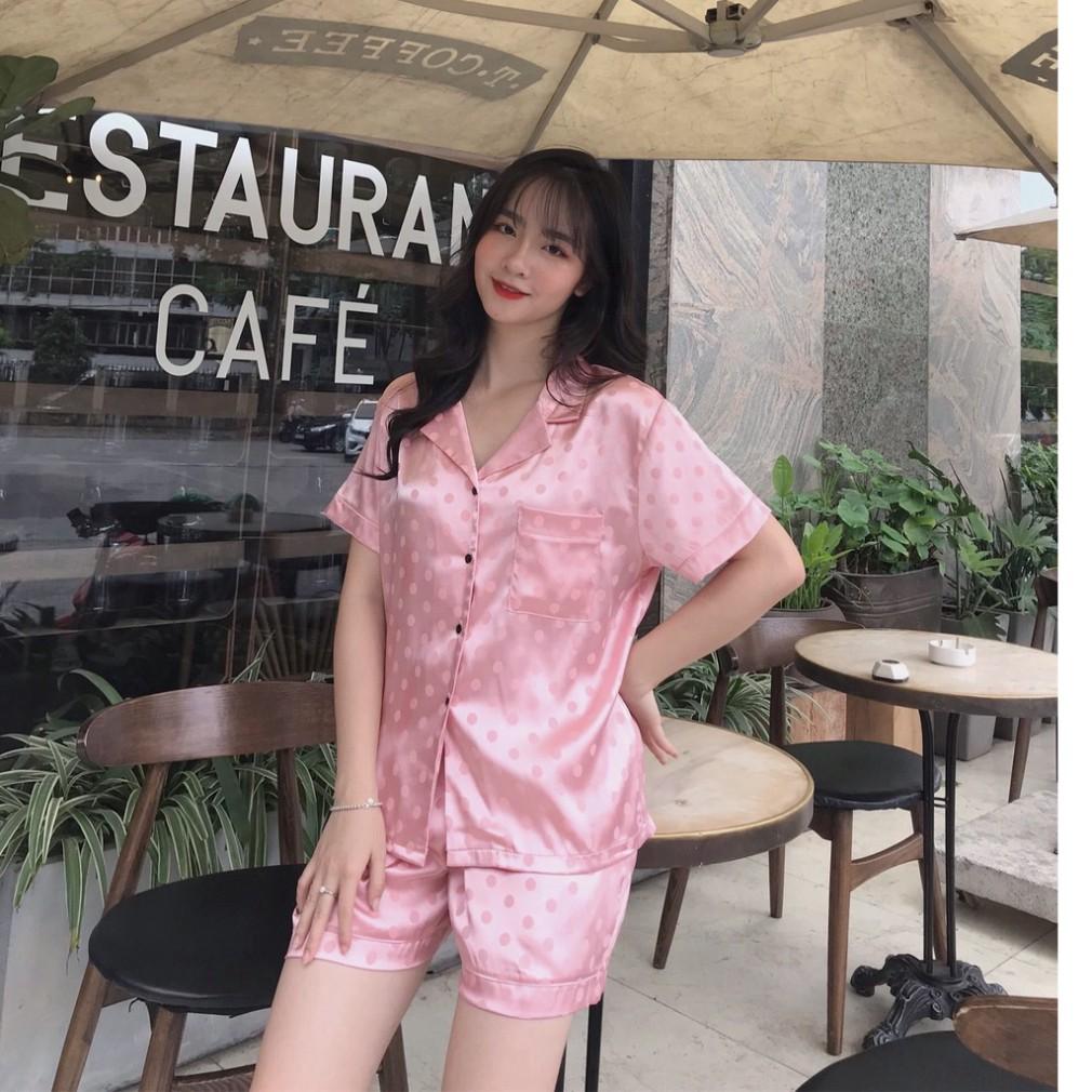 Freeship Đồ ngủ pijama lụa gấm chấm bi cộc đùi
