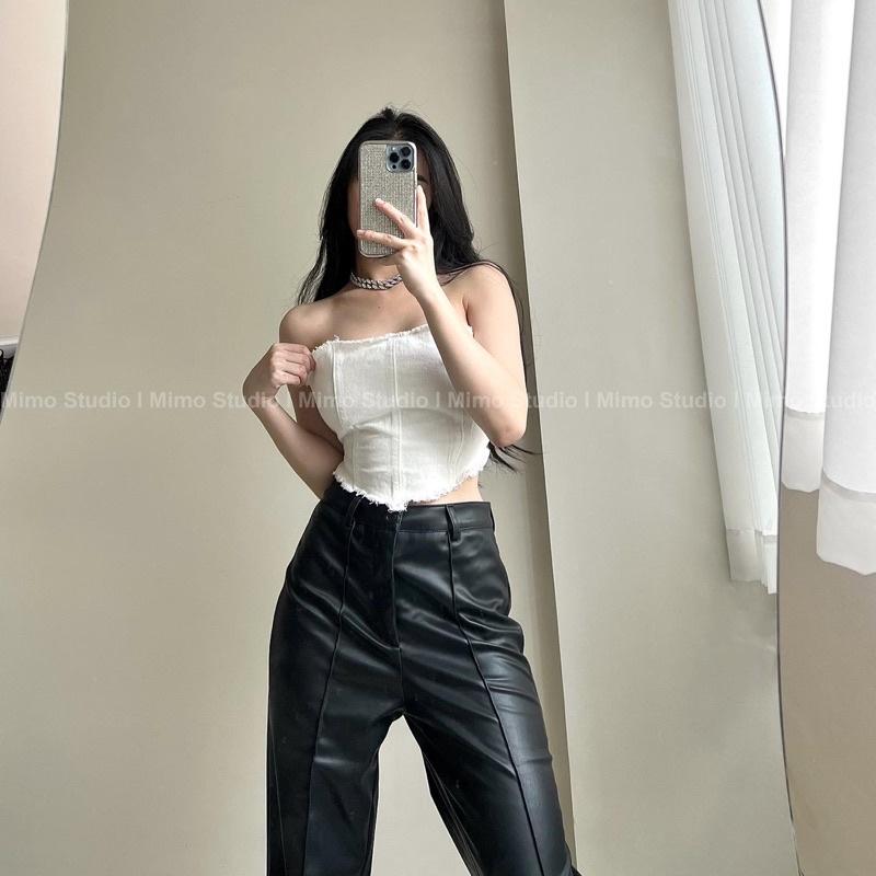 Áo yếm jean trắng lưng buộc dây - Quần da dáng suông dài