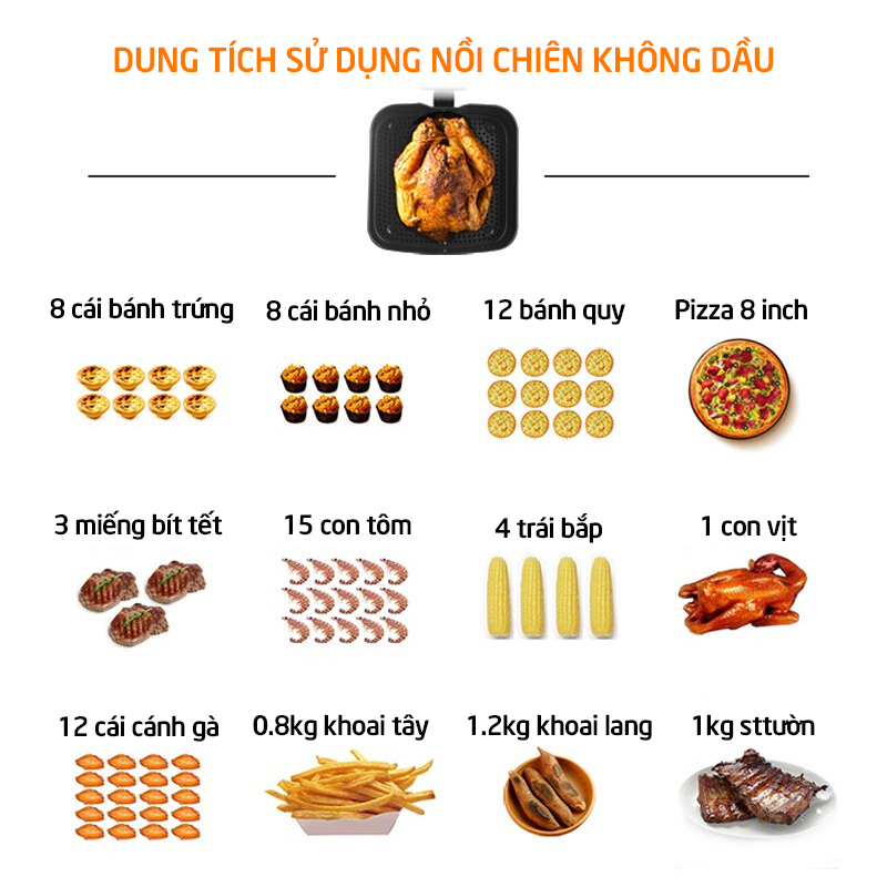 nồi chiên không dầu dung tích 5,6L, nấu nướng thỏa thích, không sợ béo, an toàn cho gia đình, vệ sinh tiện lợi 8063-B