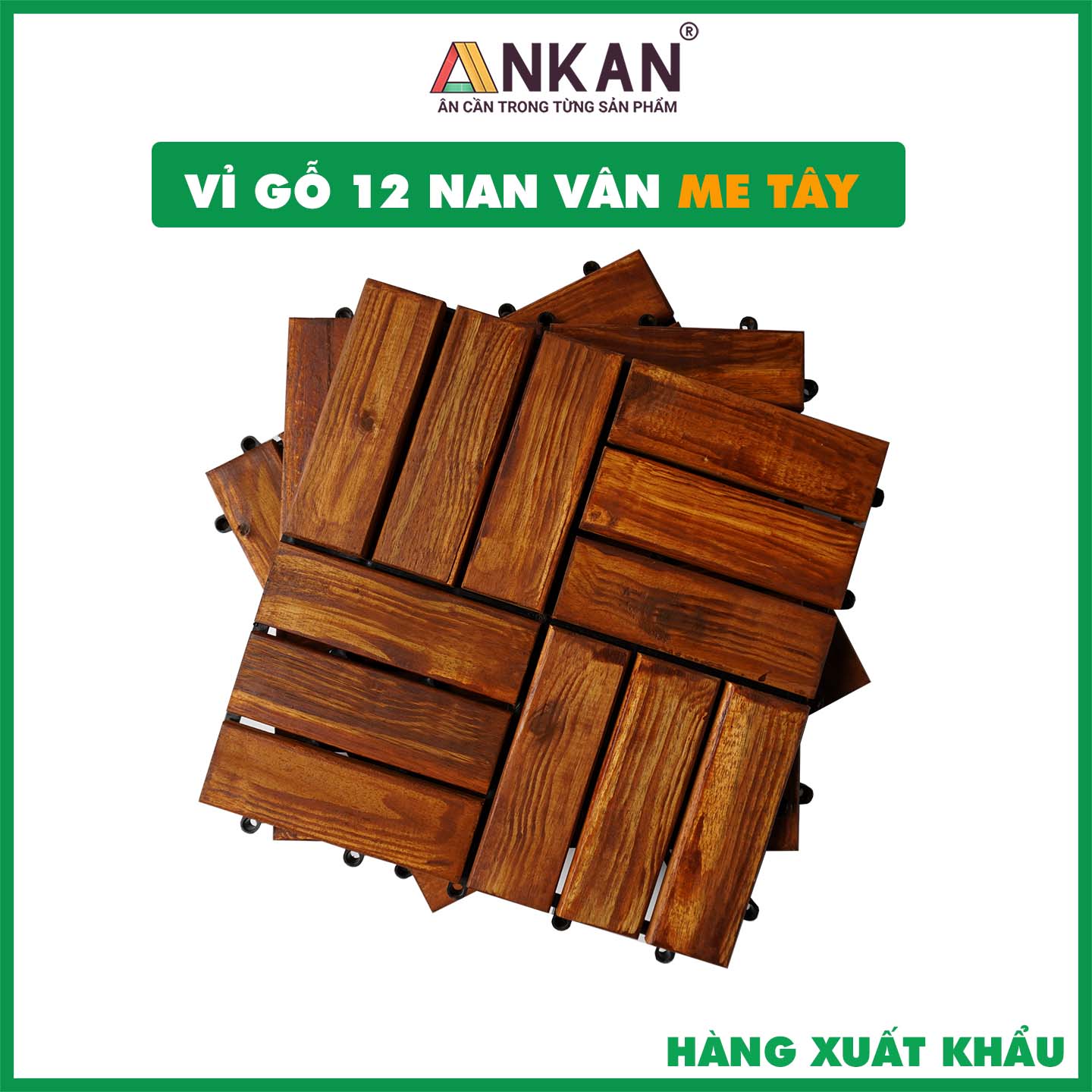 [Gỗ Dày Chuẩn 12mm] Tấm Ván Sàn Gỗ Vỉ Nhựa Lót Ban Công Sân Vườn - Loại 12 Nan (Phủ PU Vân Me Tây) -  Đóng Thùng Carton Chắc Chắn (1 Vỉ)