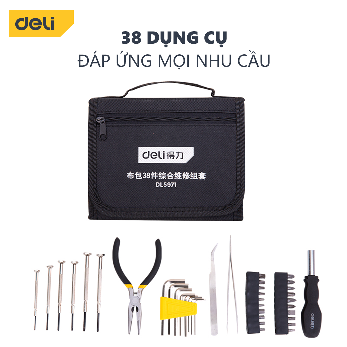 Bộ Dụng Cụ Sửa Chữa Deli 38 Chi Tiết Cao Cấp - Sử Dụng Nhiều Mục Đích - Túi Vải Tiện Lợi, Dễ Dàng Mang Theo - DL5971