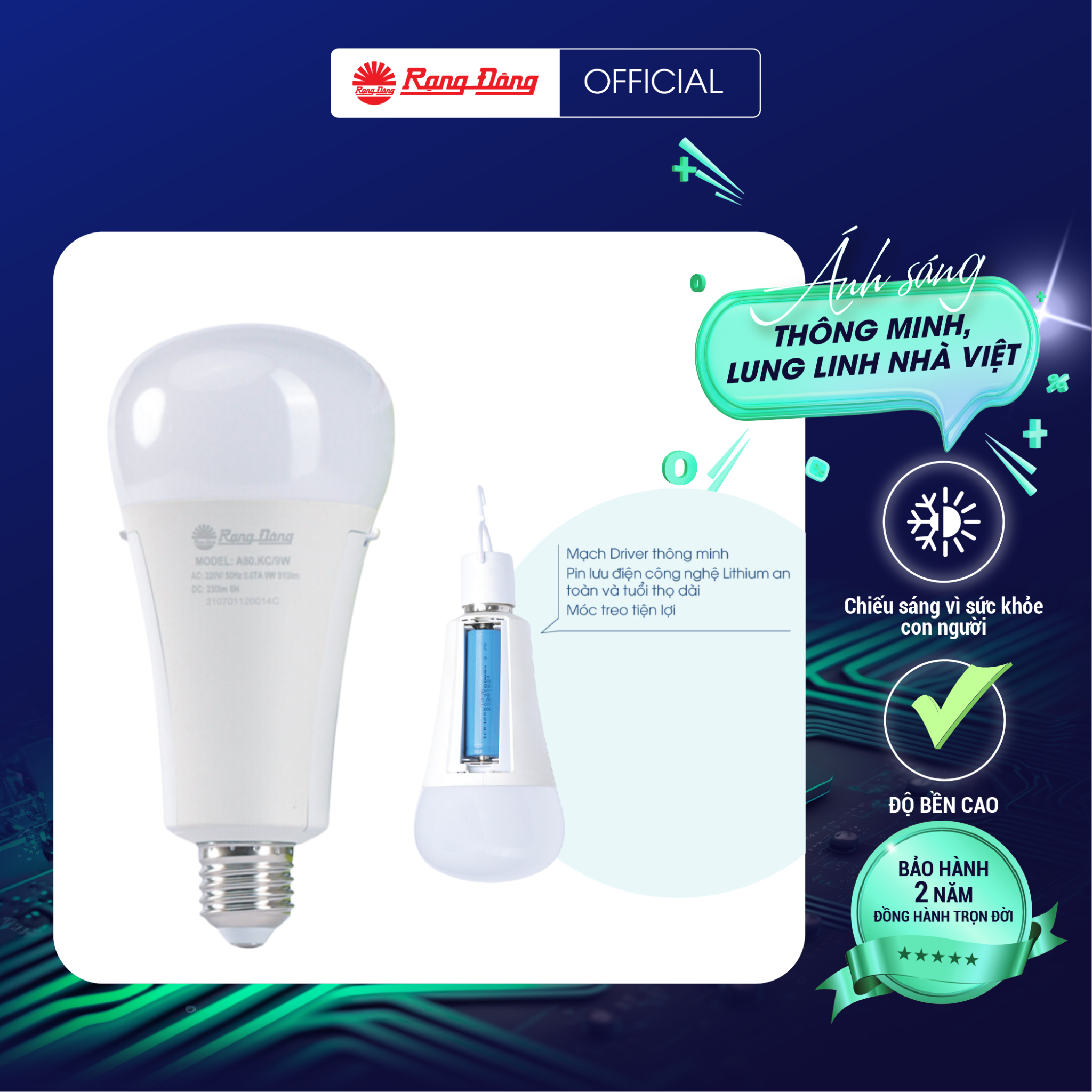 Đèn LED Bulb lưu điện, tích điện Rạng Đông Model A80.KC9W, tích điện, có quai treo, tiện lợi mang đi du lịch