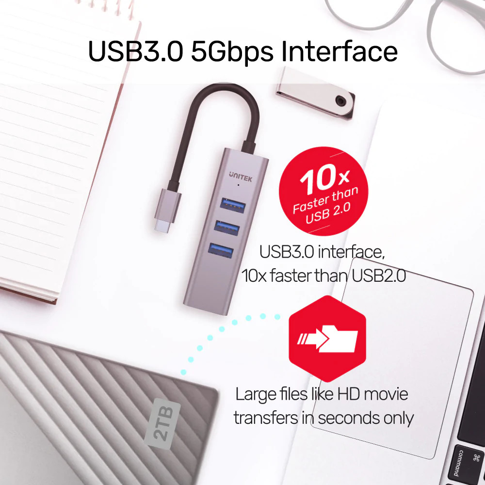 CÁP TYPE-C -&gt; 3 USB 3.0 + LAN UNITEK H1904A- Hàng chính hãng