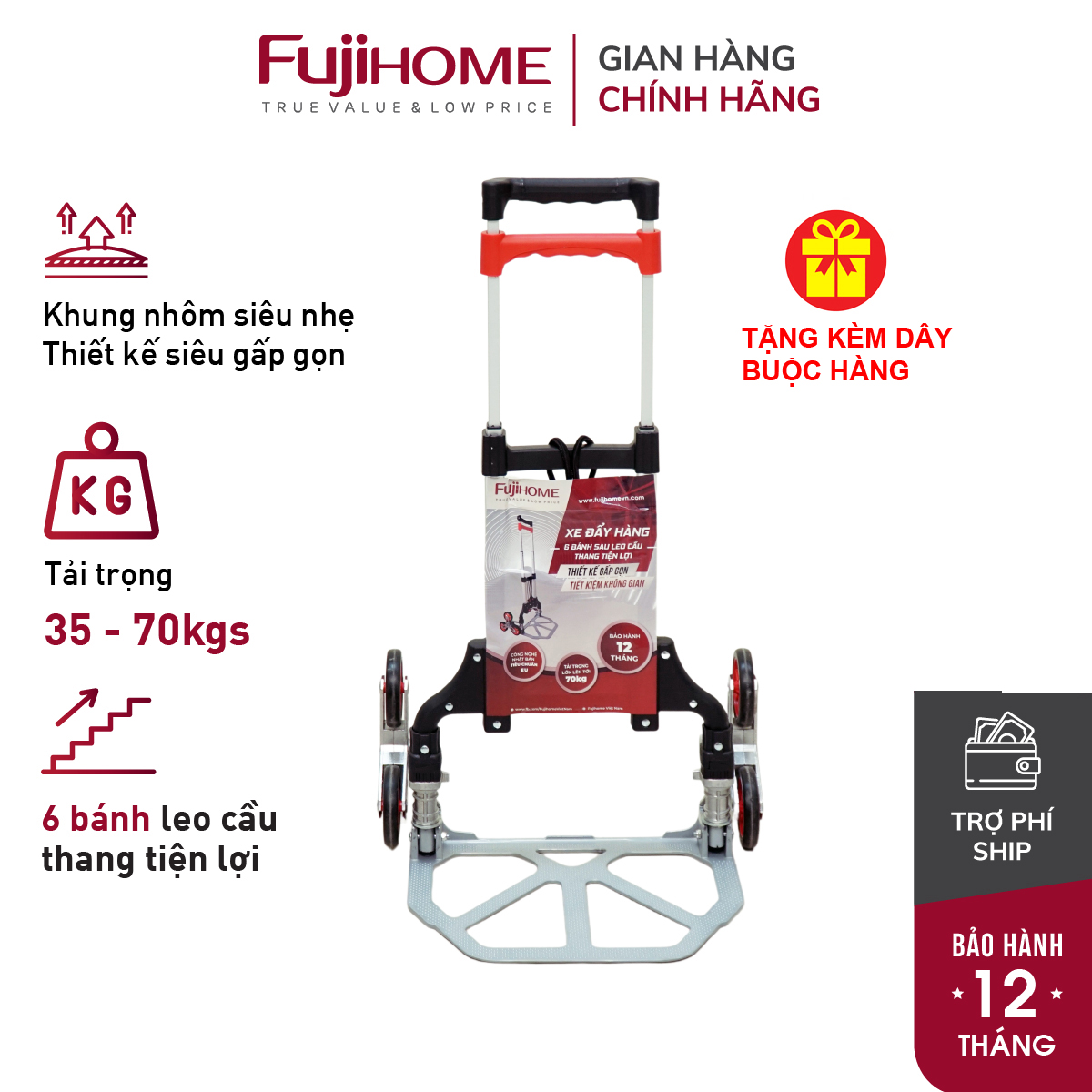 Xe đẩy kéo hàng leo cầu thang 6 bánh rút gọn đa năng FUJIHOME CC-675 (&lt; 35kg leo cầu thang, &lt;70kg đường bằng )