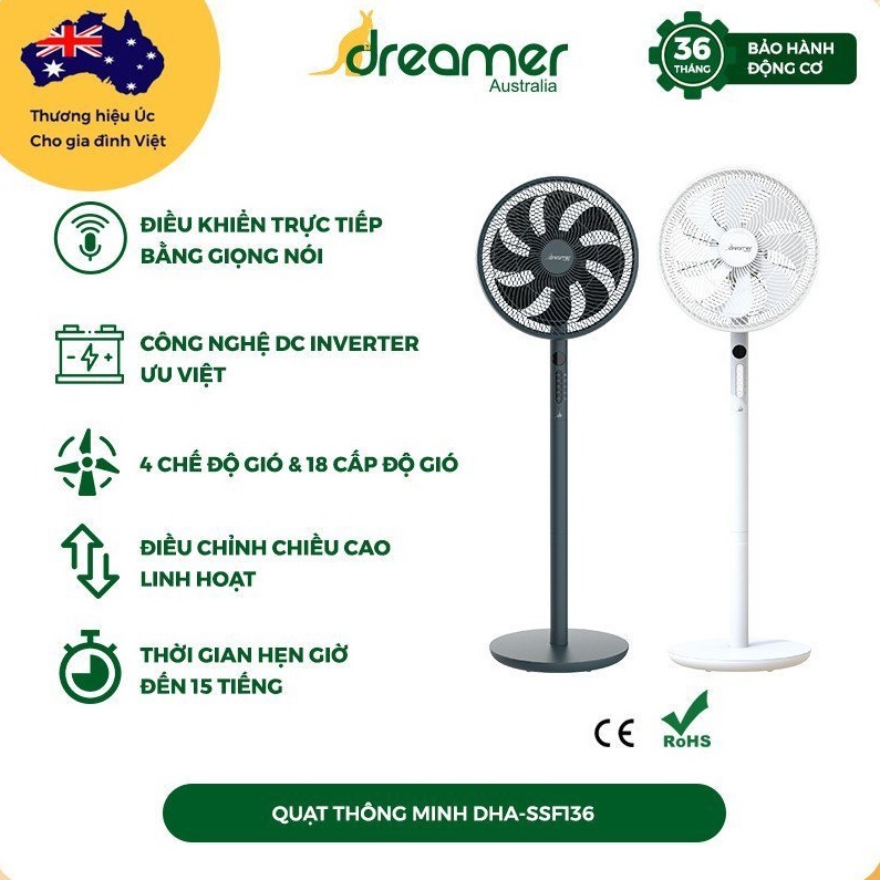 Quạt cây đứng thông minh Dreamer DHA-SSF136 [SSF136G - SSF136W] - Điều khiển giọng nói trực tiếp bàng Tiếng Anh - Hàng chính hãng