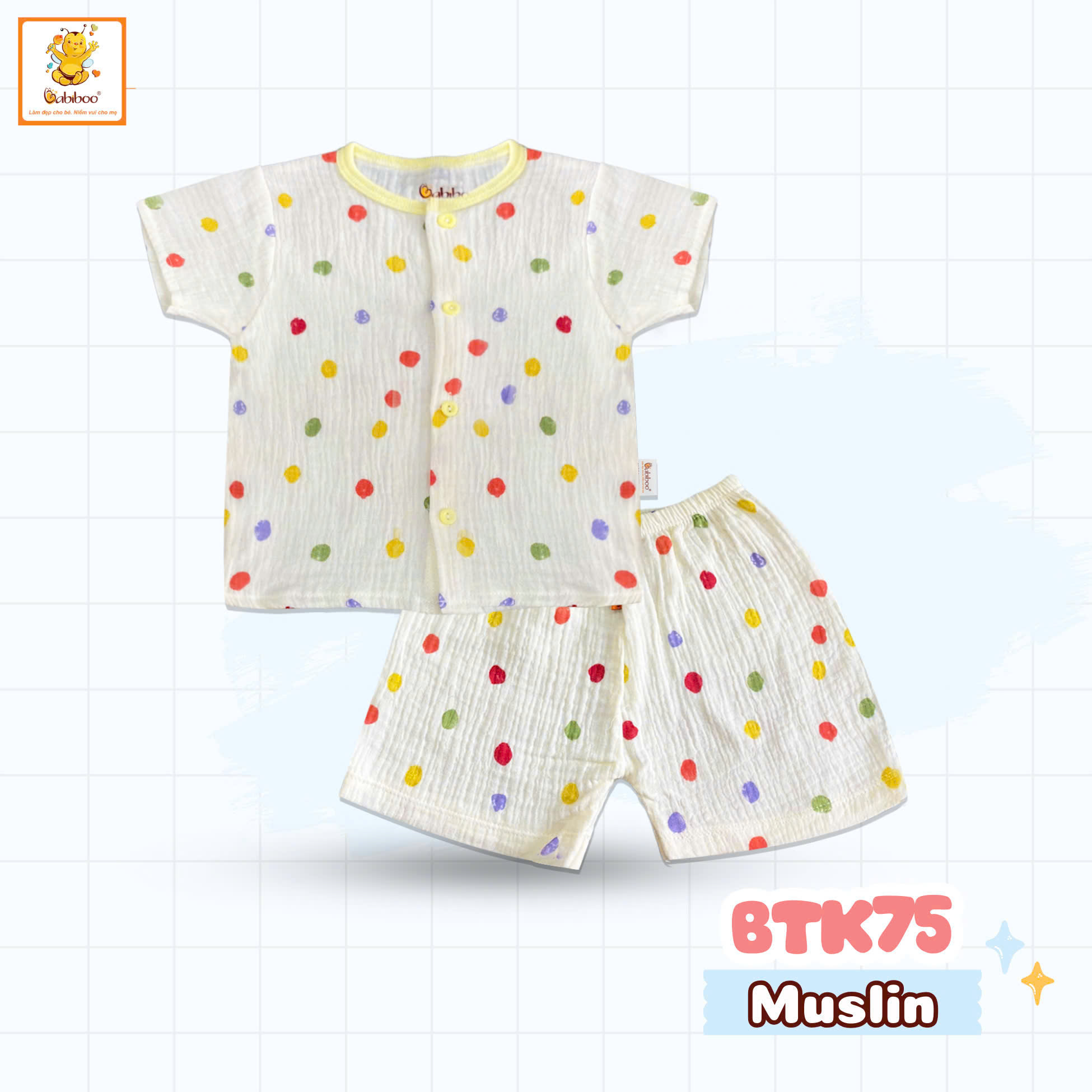 Đô bộ bé trai Babiboo bộ quần áo cho bé tay ngắn chất muslin thông thoáng, mềm mại BTK75