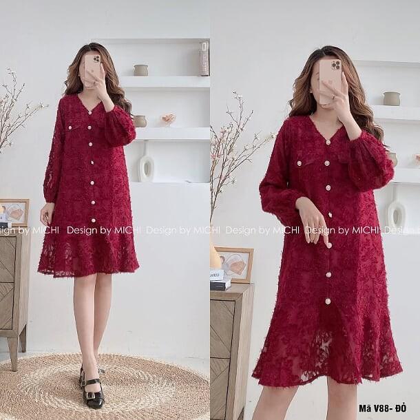 Váy suông voan 2 lớp phủ lông, cổ V, túi nắp, đầm xuông rộng đuôi cá, tay dài bo phồng 2 màu mã V88 - Michi's House