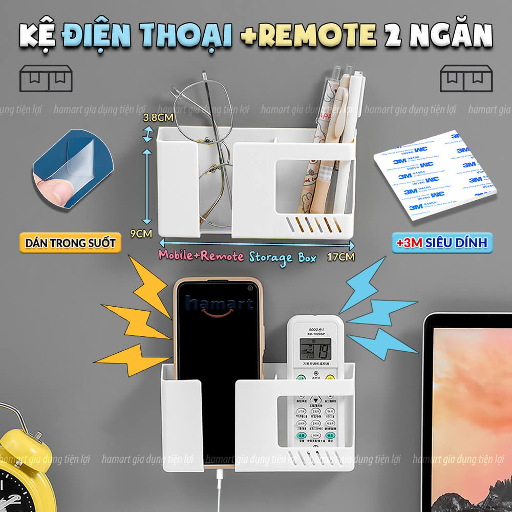 Kệ Để Điện Thoại Đỡ Remote Điều Khiển Dán Tường 2 Ngăn Đựng Bút Kính Đầu Giường Keo 3M Siêu Dính