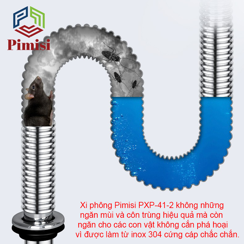Xi Phông Chậu Rửa Bát Đôi Inox 304 Pimisi PXP-41-2 Cao Cấp Kiểu Chun Uốn - Kim Loại Bẻ Cong Được, Dùng Cả Nước Nóng Lạnh, Xả Thải Nước Bồn Rửa Chén 2 Hố Thu 11 cm - Thoát Nhanh, Chống Mùi Hôi Và Côn Trùng Gián, Chuột Cắn Phá - Có Thoát Tràn | Chính Hãng