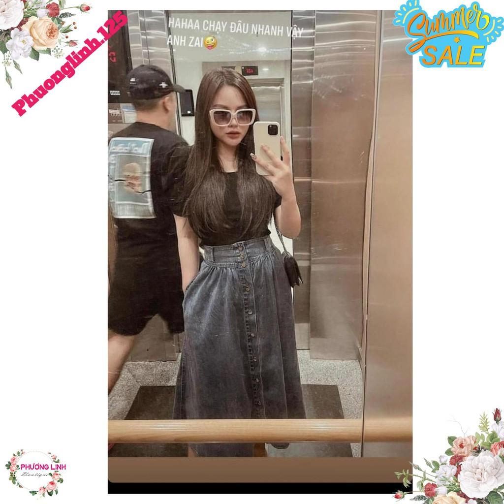 CHÂN VÁY JEANS XANH DÀI PHỐI KHUY