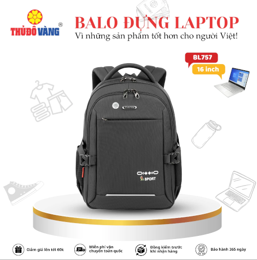757 THỦ ĐÔ VÀNG Balo Nam Nữ size trung Đi Làm, Đi Học, Đi Du Lịch chứaLaptop 16 inch chống sốc BL757