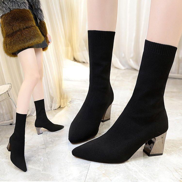 2019 Thu Mới Chỉ Giày Bốt Martin Dày Với Nữ Cao Gót Giày Stovepipe Đen Ống Len Thun Giày