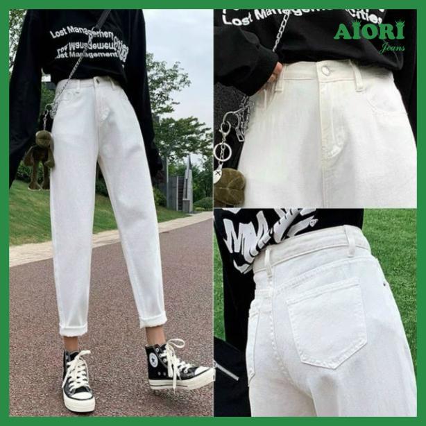 Quần Jeans Nữ, Quần Baggy Trơn Jeans Màu Trắng, Vải Jeans Cotton Thoáng Mát, Mềm Mịn