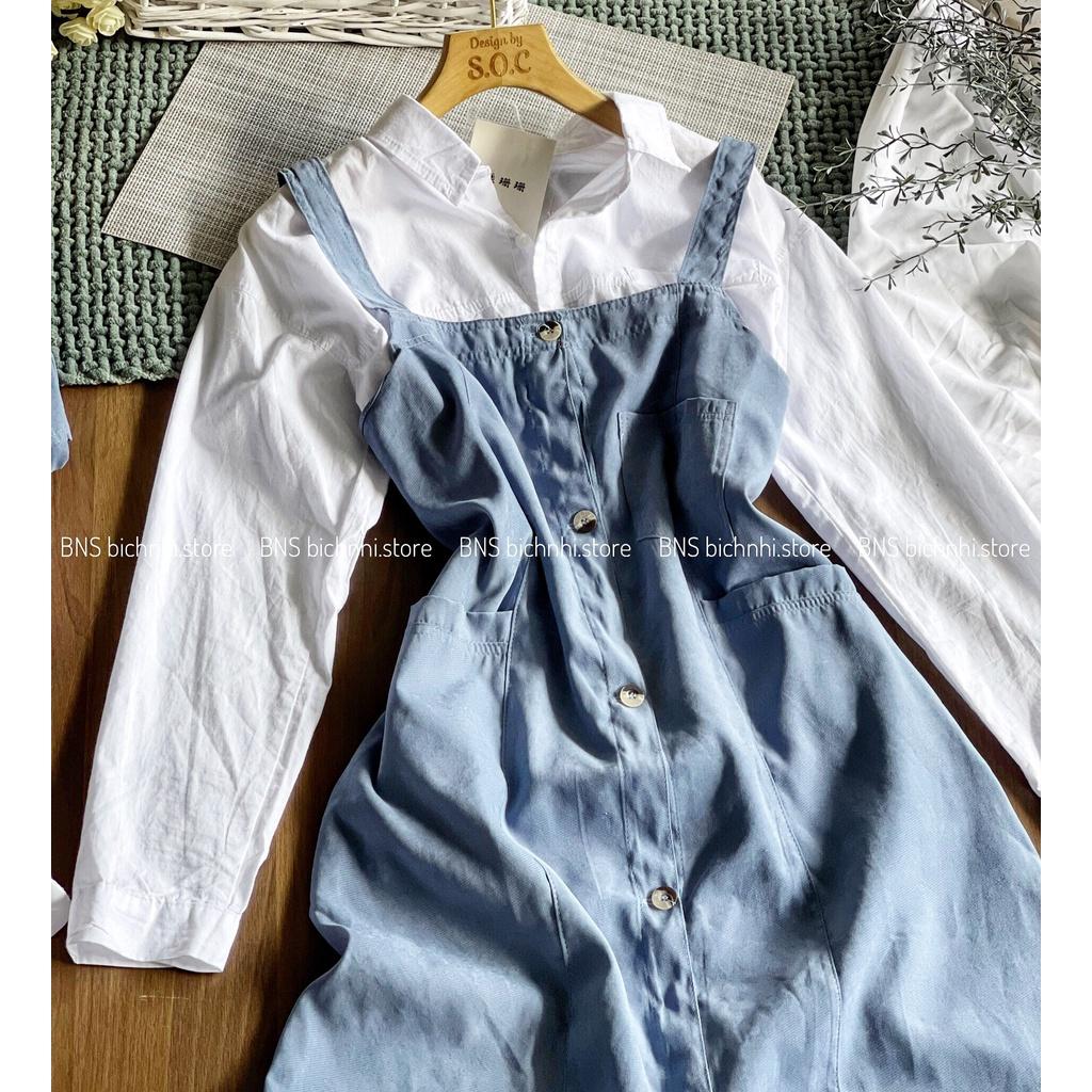 ĐẦM YẾM TIỂU THƯ CÀI NÚT TẶNG ÁO SƠ MI TAY DÀI - BUTTON FRONT OVERALL DRESS & SHIRT - BY BNS AKINA SET BNS007