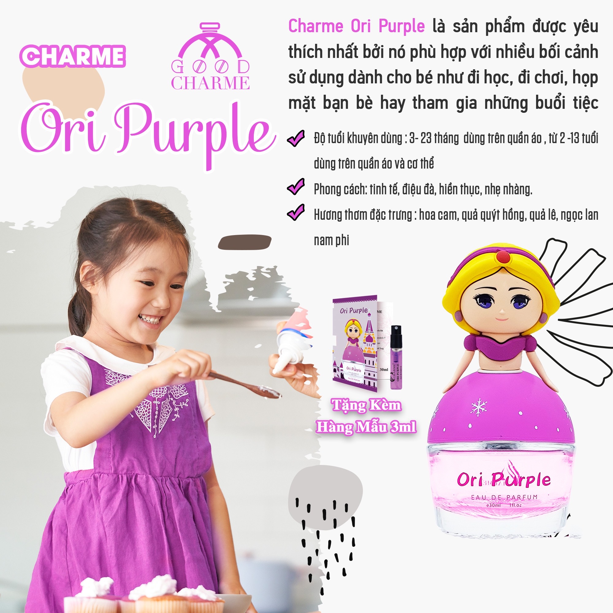 Nước hoa trẻ em, Charme Ori Purple, hương thơm trái cây, nhẹ nhàng, lưu hương lâu, cho bé tự tin, 30ml