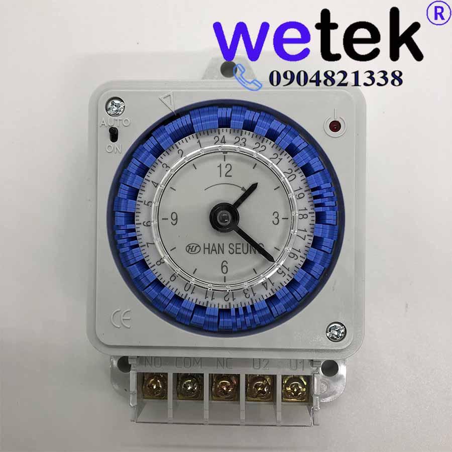 Timer 24h Hanseung, loại cơ, HTS 24 BB, có pin tự sạc, cài theo 10 phút, Hàn Quốc, cặp tiếp điểm ra 16A, 110Vac~220Vac