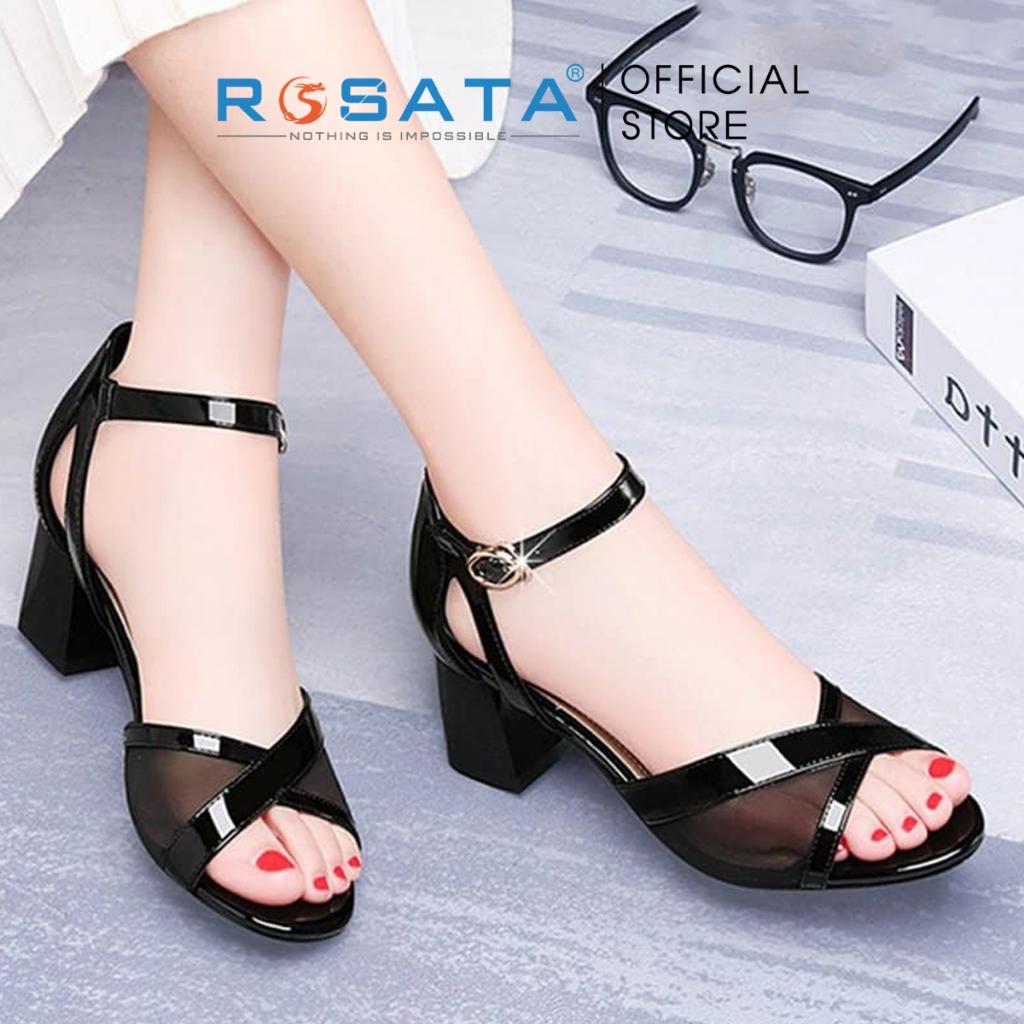 Dép nữ ROSATA RO364 giày xăng đan cao gót 4 phân đi làm thanh lịch quai lưới gót trụ vuông - Đen