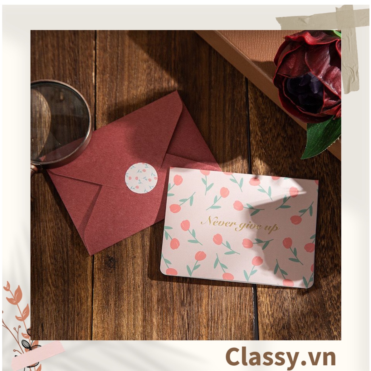Thiệp Cổ điển Vintage in họa tiết hoa nhí giấy art sang trọng kèm phong bì giấy kraft nâu Q724