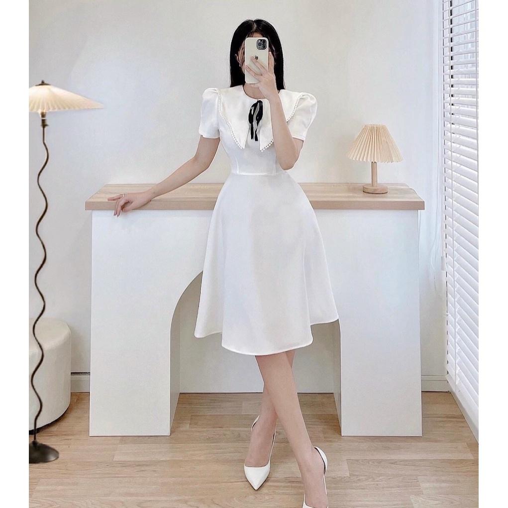 Đầm đen dự tiệc phối cổ bèo bâu trắng Cao Cấp 3 màu trắng đen đỏ, dáng xòe tay ngắn nữ tính quyến rũ sang trọng - MiNhi