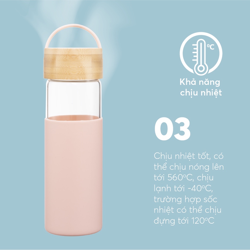 Bình nước thuỷ tinh bọc silicon Inochi - Nikko 550 ml