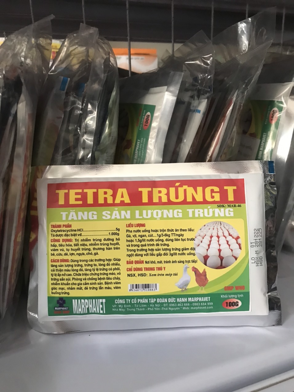 Thú y, tetra trứng dùng cho gà, vịt, chim (100gam/gói)