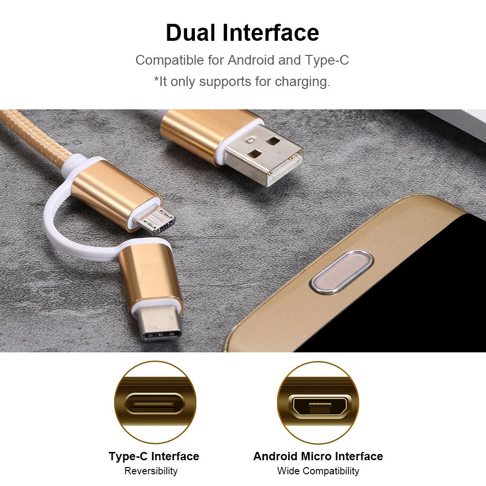 2-in-1 USB 2.0 Male to Type-C/Micro USB Nylon Braided Charge Cable Replacement For Huawei Samsung HTC Xiaomi etc. (1m,
