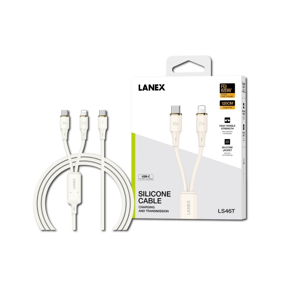 Dây sạc nhanh ô tô PD65W 2 in 1 LANEX LS46T (Type-C + Lightning) hàng chính hãng