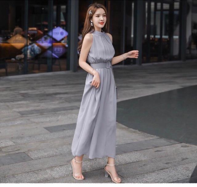 ĐẦM MAXI XÁM KÈM NỊT