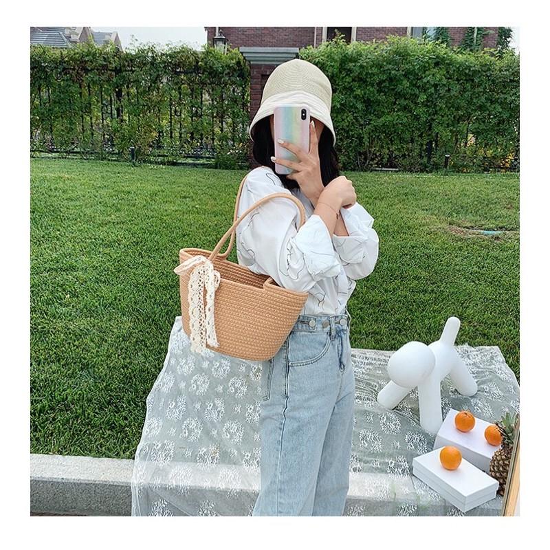 Túi Cói Sợi Dệt Nơ Ren Vintage