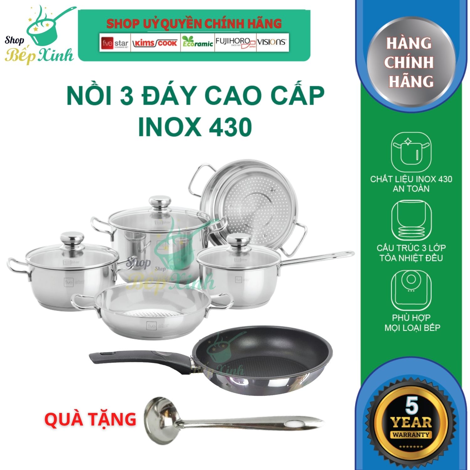 Bộ nồi inox FIVESTAR 6 chiếc nắp kính 3 đáy dùng được bếp từ ,hồng ngoại , gas , tặng 1 vá canh