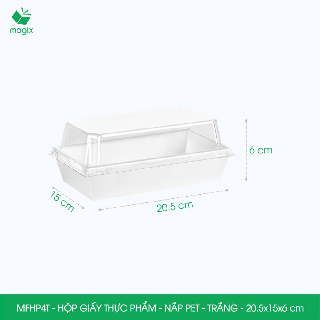 MFHP4T - 20.5x15x6 cm - 25 hộp giấy thực phẩm màu trắng nắp Pet, hộp giấy chữ nhật đựng thức ăn, hộp bánh nắp trong