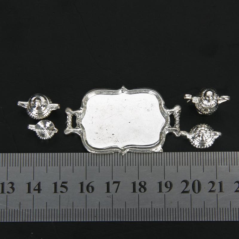 5pcs Silver Metal Tea Lid Pot Cups Tray Set 1:12 Dolls House Miniature Accs