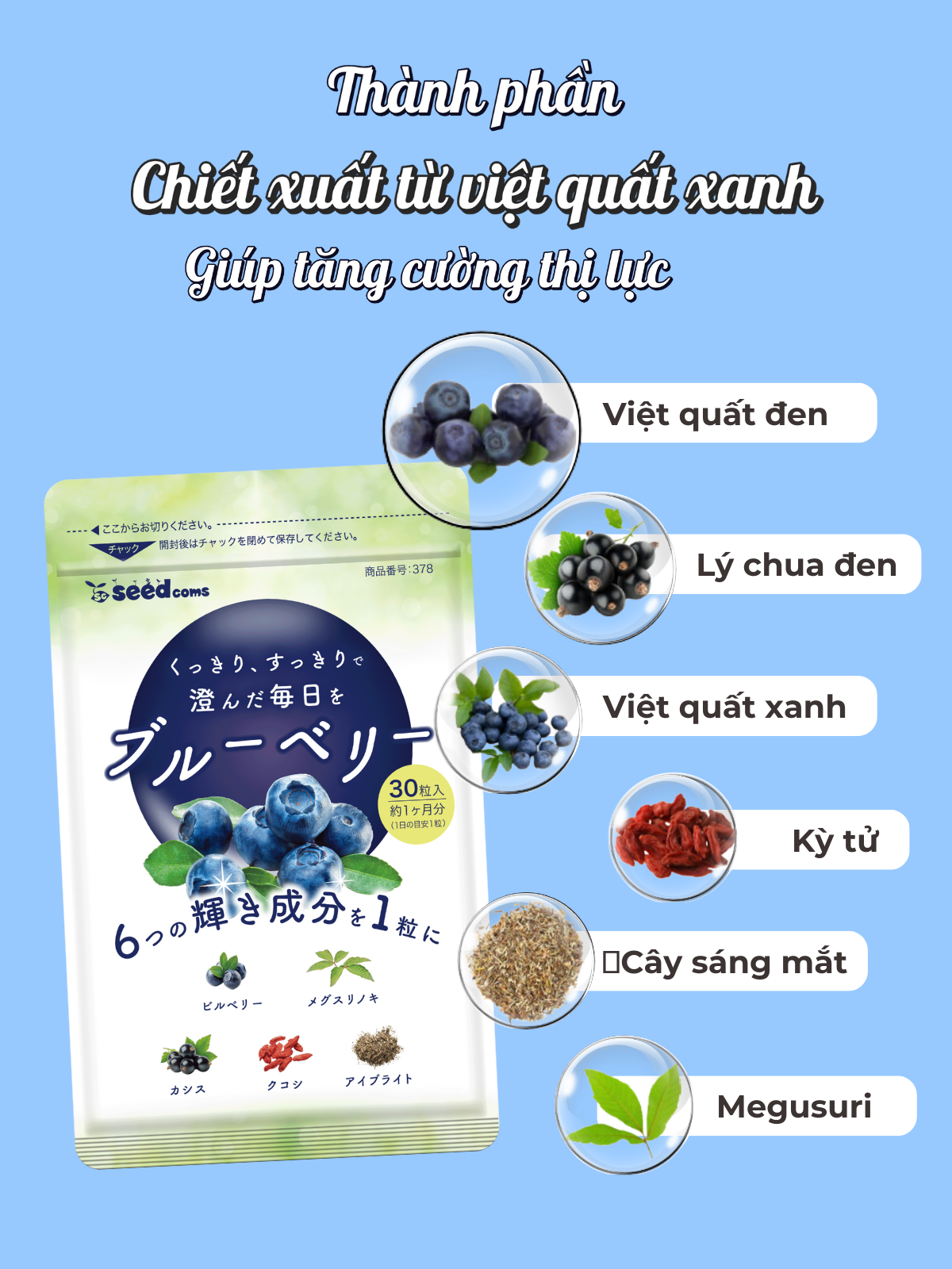 Viên Uống Chiết Xuất Từ Quả Việt Quất Xanh Giúp Bổ Mắt Tăng Cường Thị Lực Seedcoms Nhật Bản