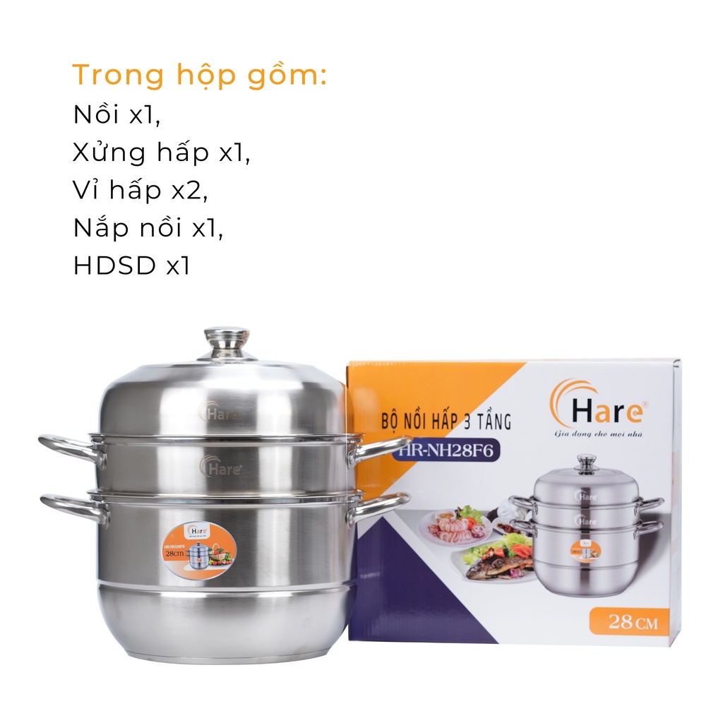 Bộ nồi hấp inox cao cấp đáy từ 3 tầng vung kính - thương hiệu Hare -  lỗi 1 đổi 1