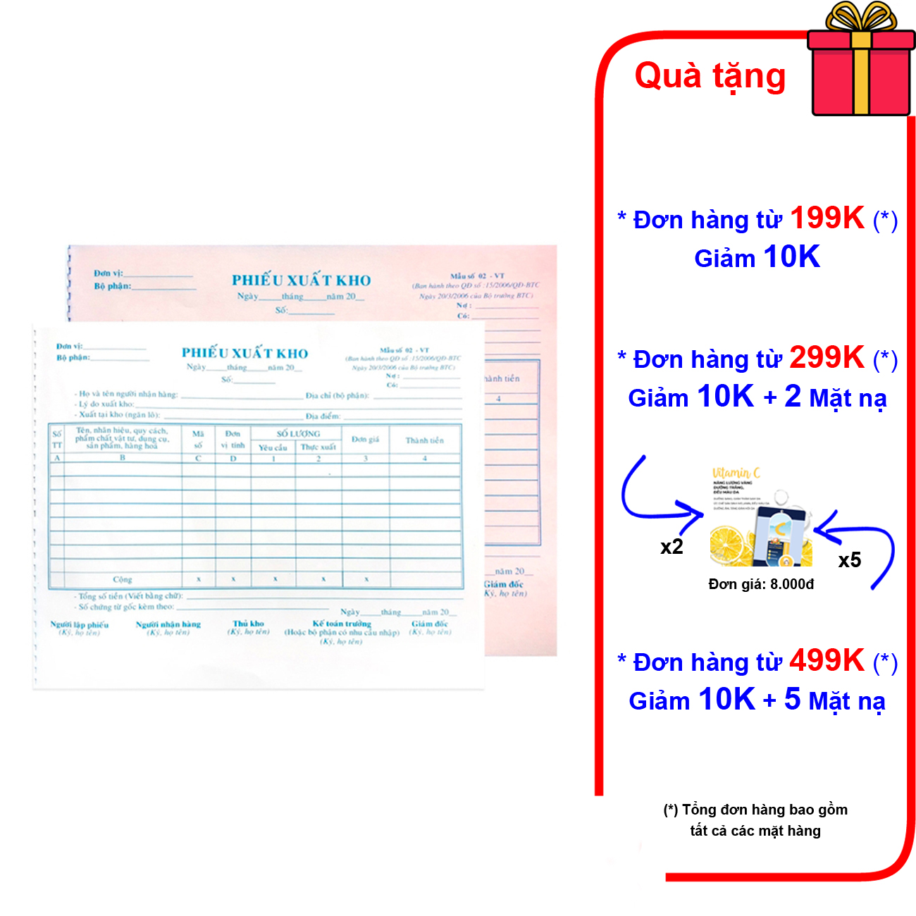 10 cuốn phiếu xuất kho 2 liên, 3 liên 16x20