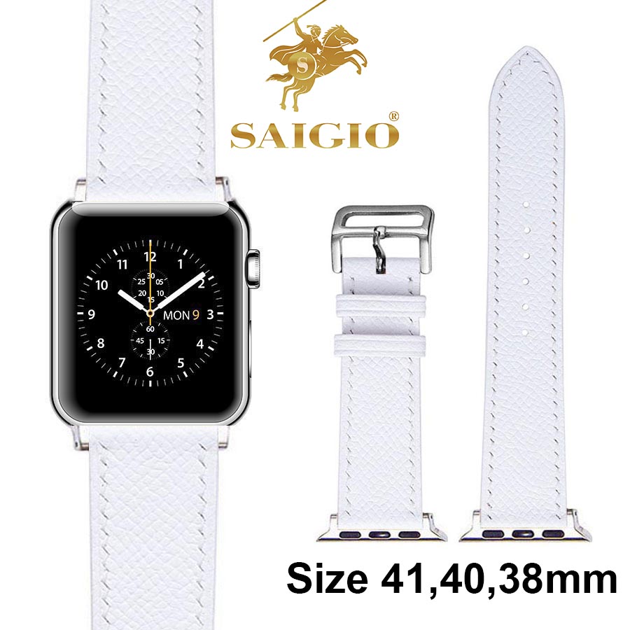 Dây Đồng Hồ Apple Watch 41mm 40mm 38mm, Chất Liệu Da Bê EPSOM Thảo Mộc Cao Cấp, Nhập Khẩu Từ Châu Âu, Dây Đeo Phong Cách Hiện Đại và Sang Trọng, Tương Thích Các Phiên Bản Series 8/7/6/5/4/3/2/1/SE/SE2 - Trắng - ADAPTER BẠC