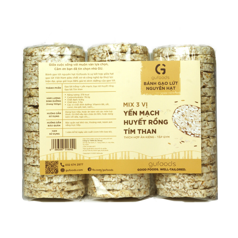 Bánh gạo lứt ăn kiêng GUfoods - Mix 3 vị - Hỗ trợ Giảm cân, Tập Gym, Thực dưỡng, Eat clean