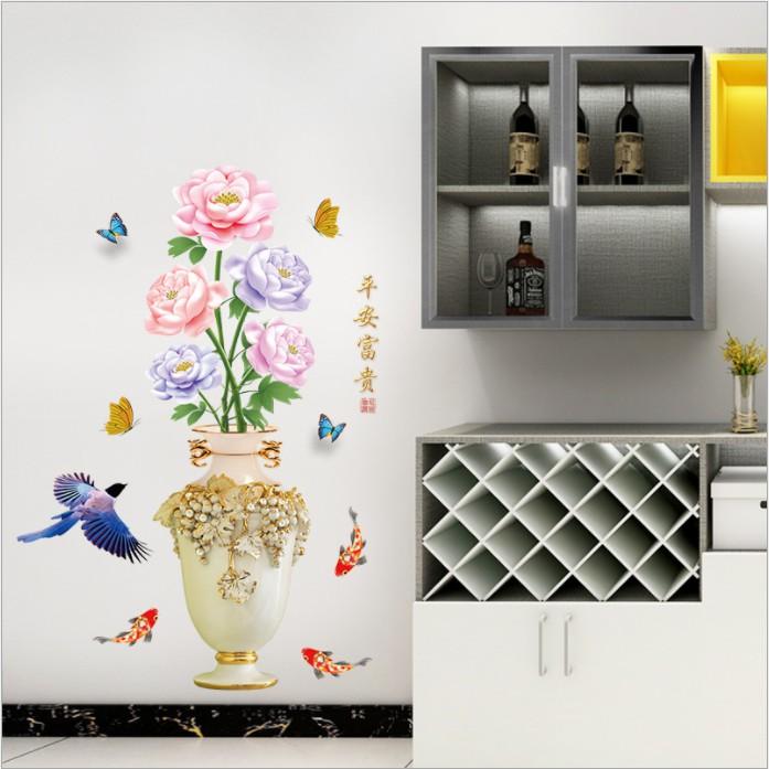 Decal trang trí bình hoa cá và bông sắc màu