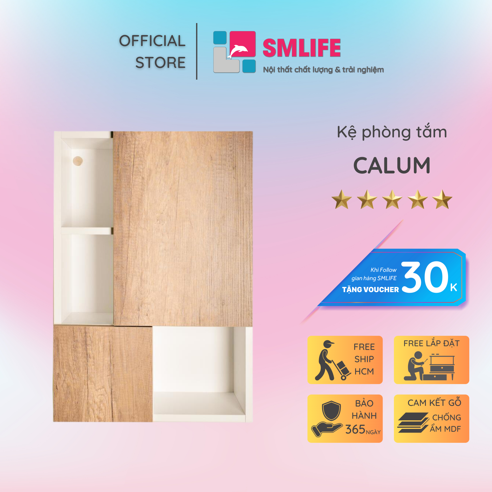 Kệ khăn tắm, mỹ phẩm gỗ hiện đại SMLIFE Calum | Gỗ MDF dày 17mm chống ẩm | D60xR25xC80cm