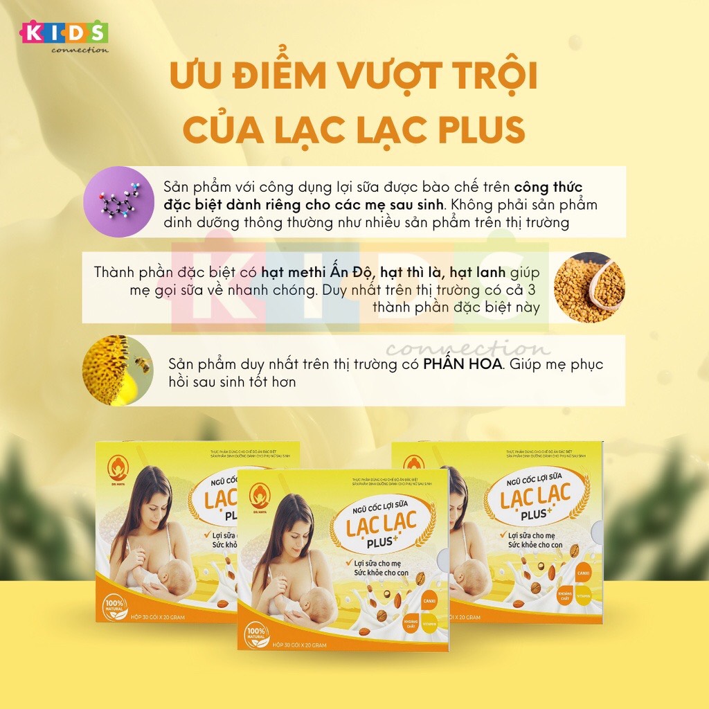 Ngũ cốc lợi sữa Lạc Lạc Plus mới cao cấp 39 loại hạt giúp mẹ bổ sung vitamin và khoáng chất, canxi giúp xương chắc khỏe 600g (hộp 30 gói)